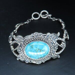Sterling Silver Ornate Adjustable Turquoise Bracelet